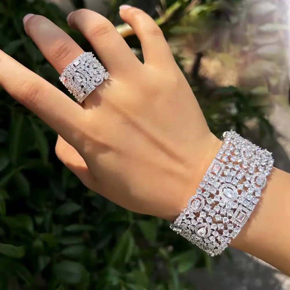 Luxury Cubic Zirconia Cuff Bracelet & Ring Set – Silver Tone - Picture 7 of 17